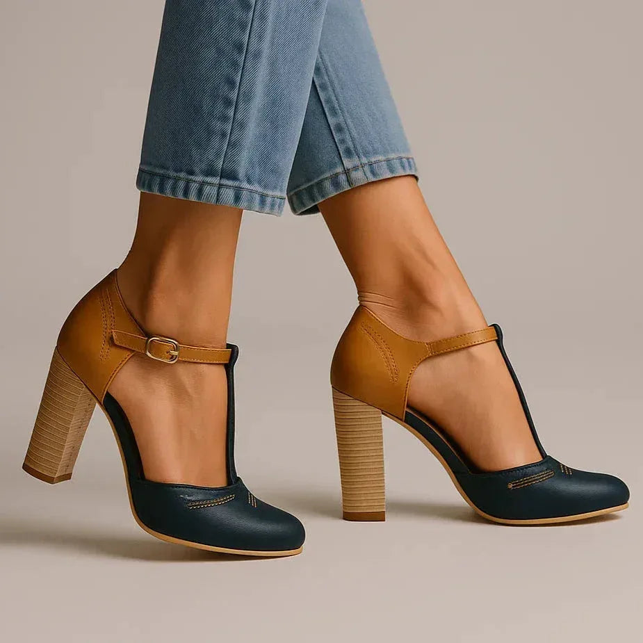 Women's two-tone block heel pumps, a comfortable & versatile elegant shoe for any daily occasion.