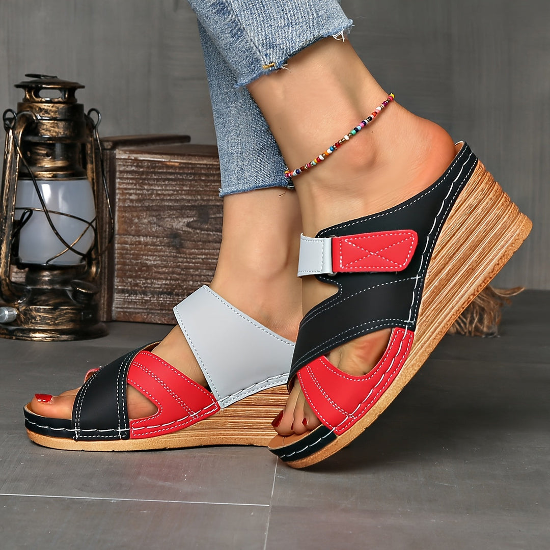 Women's casual two-tone wedge slides, easy slip-on summer shoes.