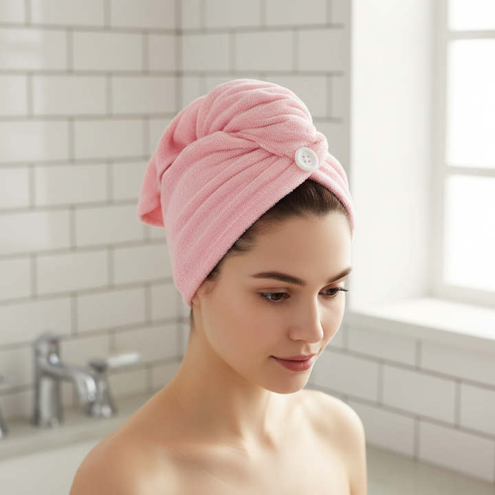 Women's ultra-absorbent microfiber hair towel wrap for fast, damage-free drying.
