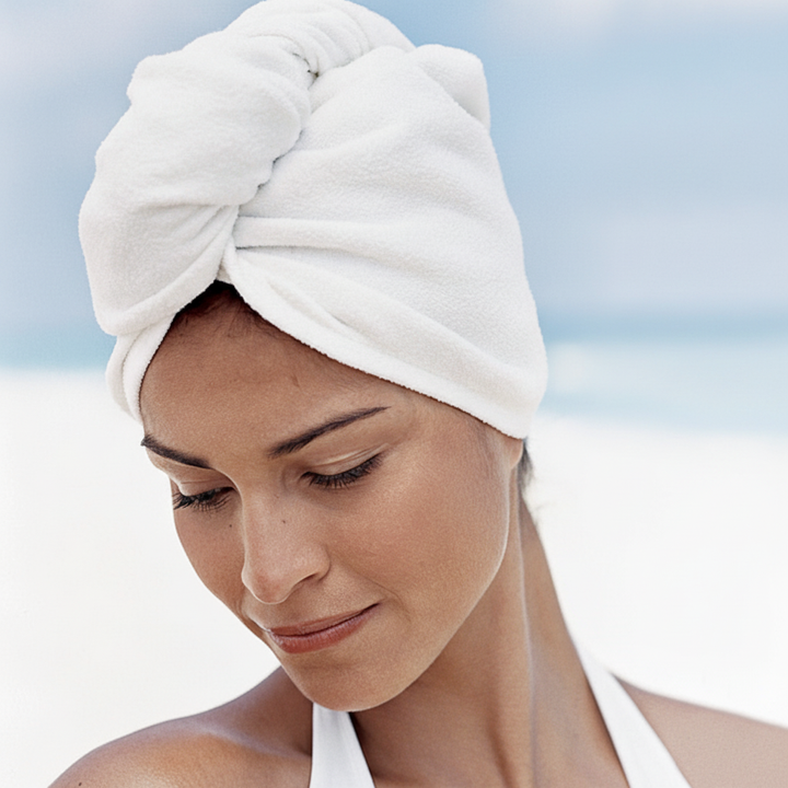 Ultra-absorbent microfiber hair towel for women, designed for quick and efficient hair drying.