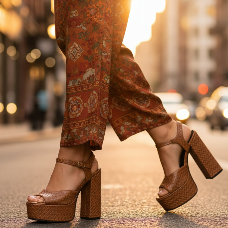Close-up of ultra high block heel & platform on women's elegant open-toe heeled sandals.