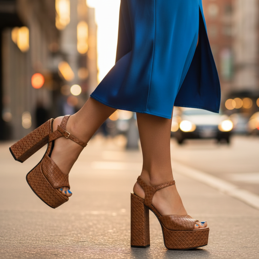 Sleek women's ultra high block heel platform sandals, versatile for dressy or casual chic.