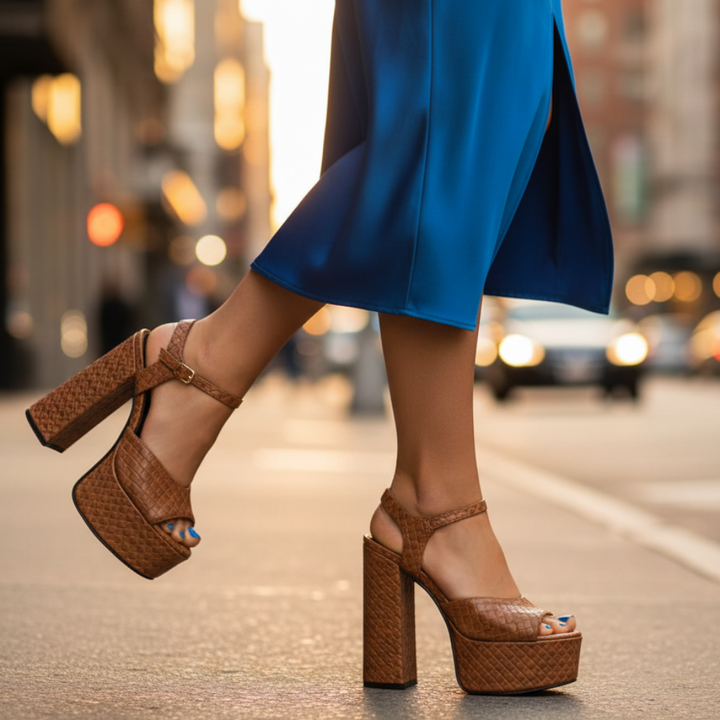Sleek women's ultra high block heel platform sandals, versatile for dressy or casual chic.