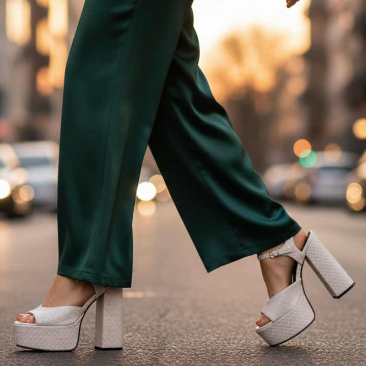 Elegant women's heeled sandals featuring a sturdy block heel, platform, & secure ankle buckle.
