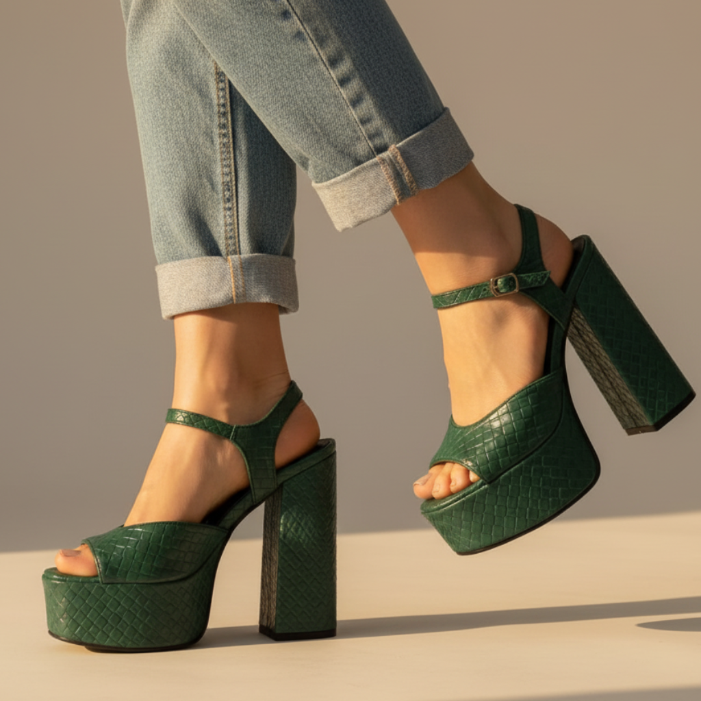 Open-toe women's platform sandals with towering block heel and comfortable buckle strap.