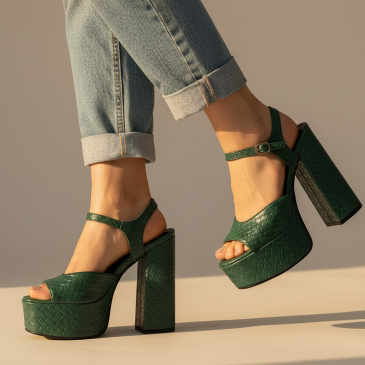 Open-toe women's platform sandals with towering block heel and comfortable buckle strap.