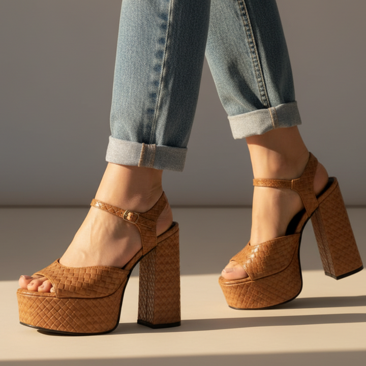 Side view: women's stylish platform sandals with a high block heel & buckled ankle strap.