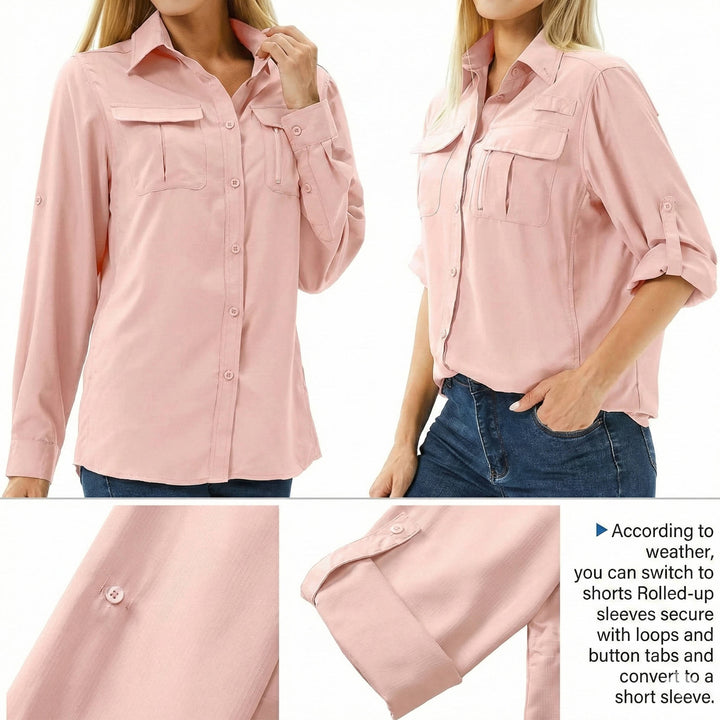 Sun protection women's safari shirt with long sleeves & quick-dry fabric, ideal for hiking & outdoor adventures.