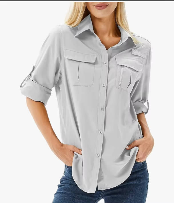 Women's long sleeve outdoor shirt, quick-dry & UV protection, perfect for safari, hiking, fishing adventures.