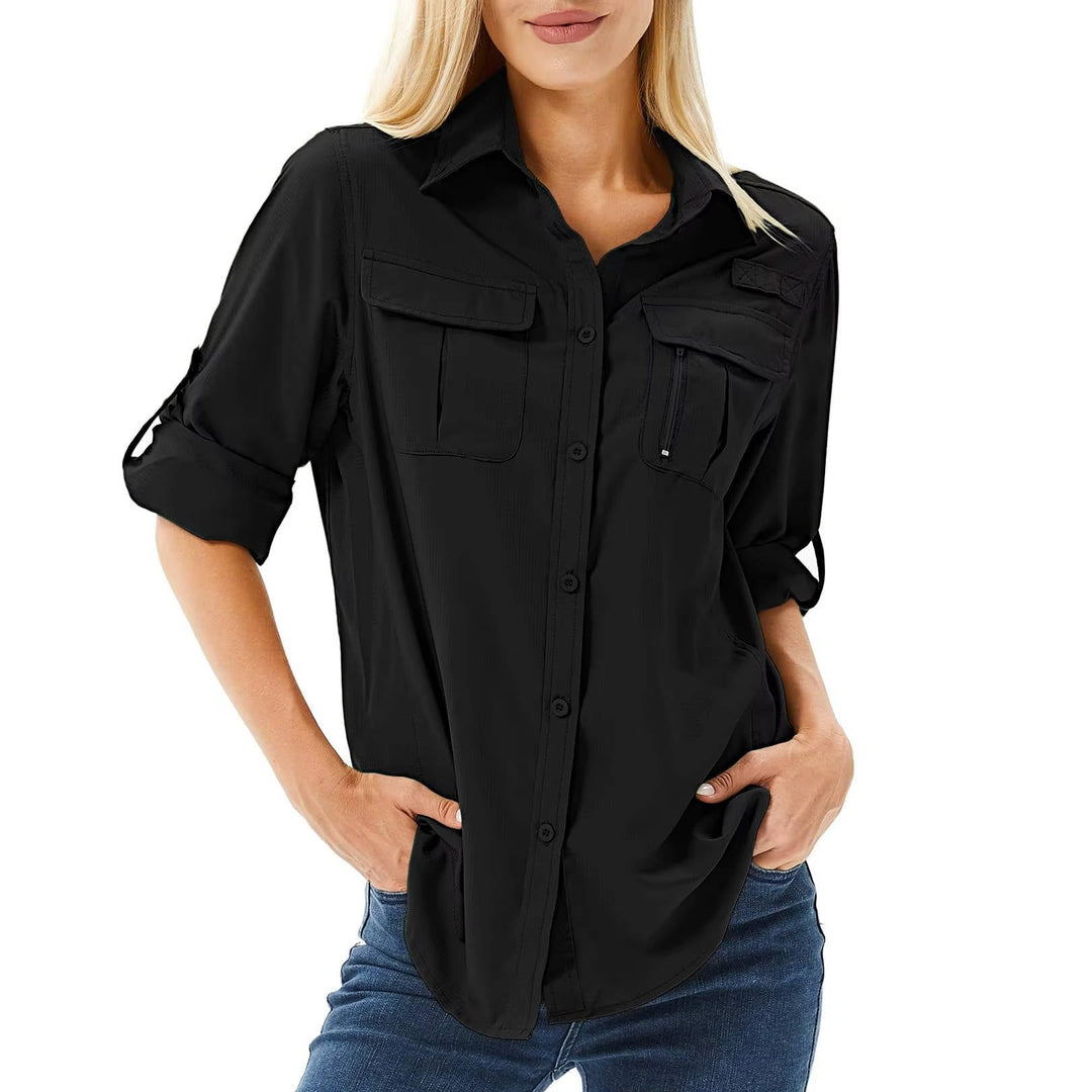 Lightweight women's long sleeve UV protection shirt, quick-dry, for comfortable outdoor hiking & fishing.