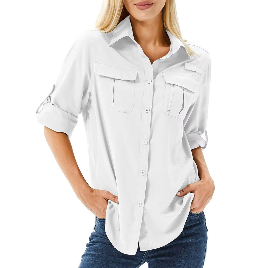 Women's long sleeve UV protection hiking shirt with quick-dry fabric, perfect for safari & fishing adventures.