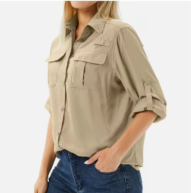 Women's adventure wear long sleeve shirt, UV protection, quick-dry, ideal for safari, hiking, & travel.