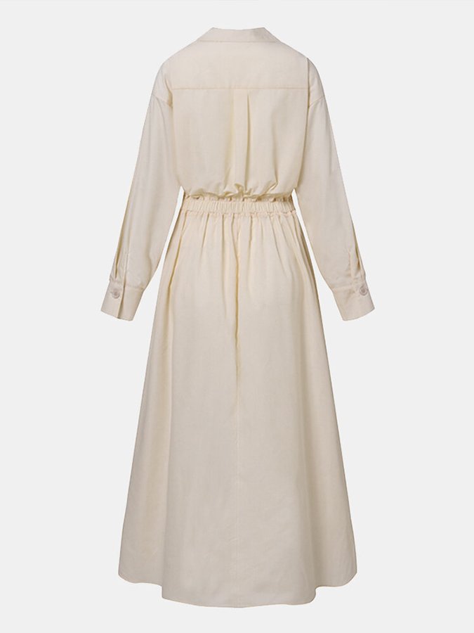 Casual elegant women's V-neck A-line midi dress, versatile for daily wear, complete with pockets.