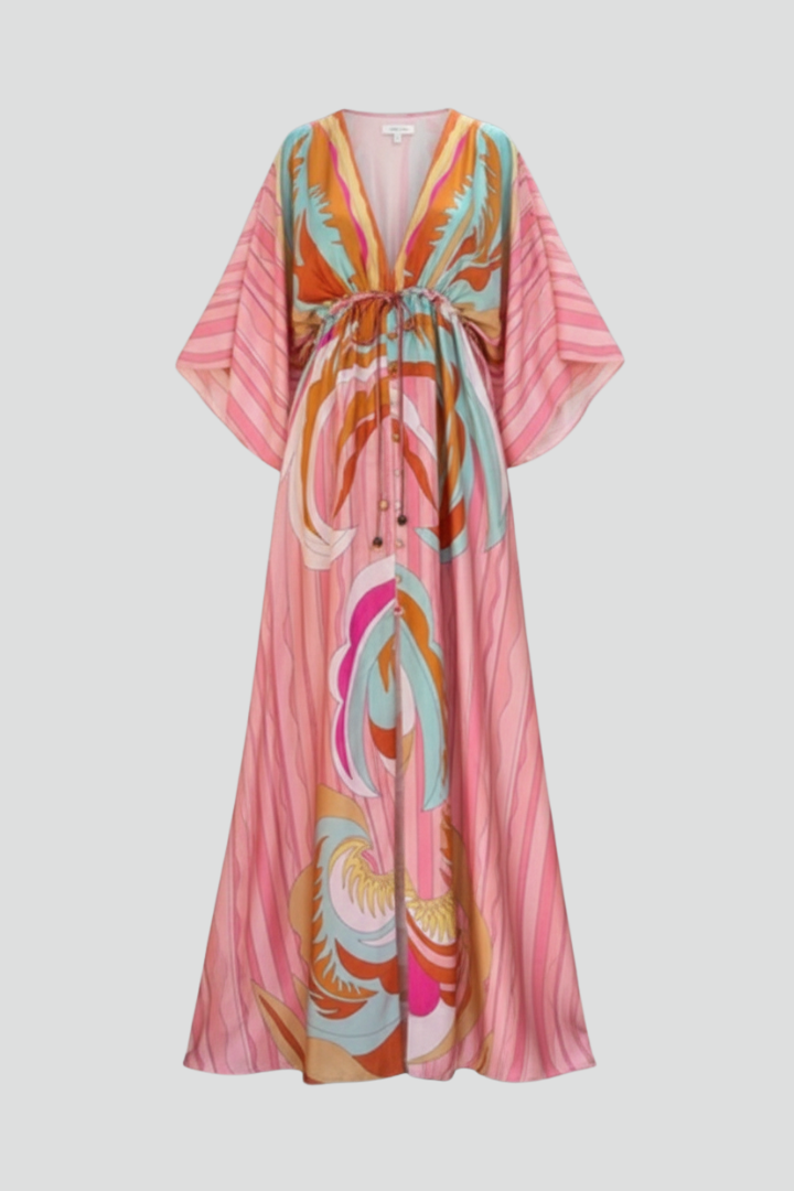 Women's V-neck abstract print maxi dress with a stylish belt, perfect for summer fashion and elegant casual wear.