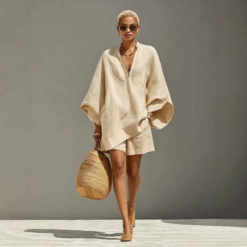 Women's V-neck batwing sleeve top & shorts matching set, ideal for casual summer wear or vacation style.