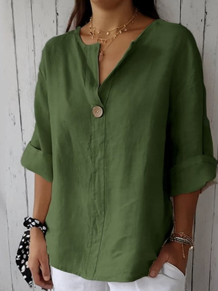Women's casual V-neck blouse with roll-tab sleeves, button-down, great versatile shirt for office or daily wear.