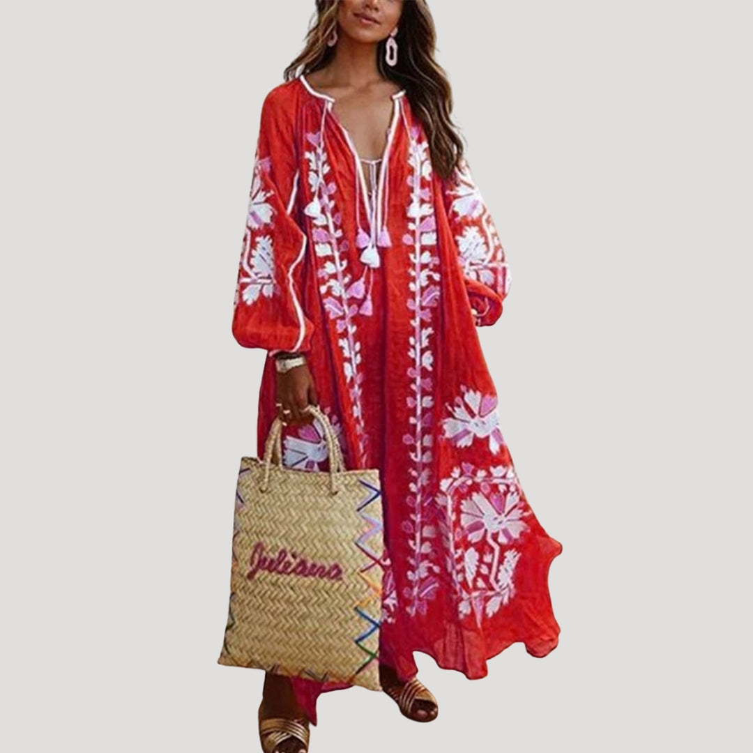 Women's V-Neck Boho Maxi Dress with flowing long sleeves, perfect for casual wear or holiday style. Elegant & comfortable.