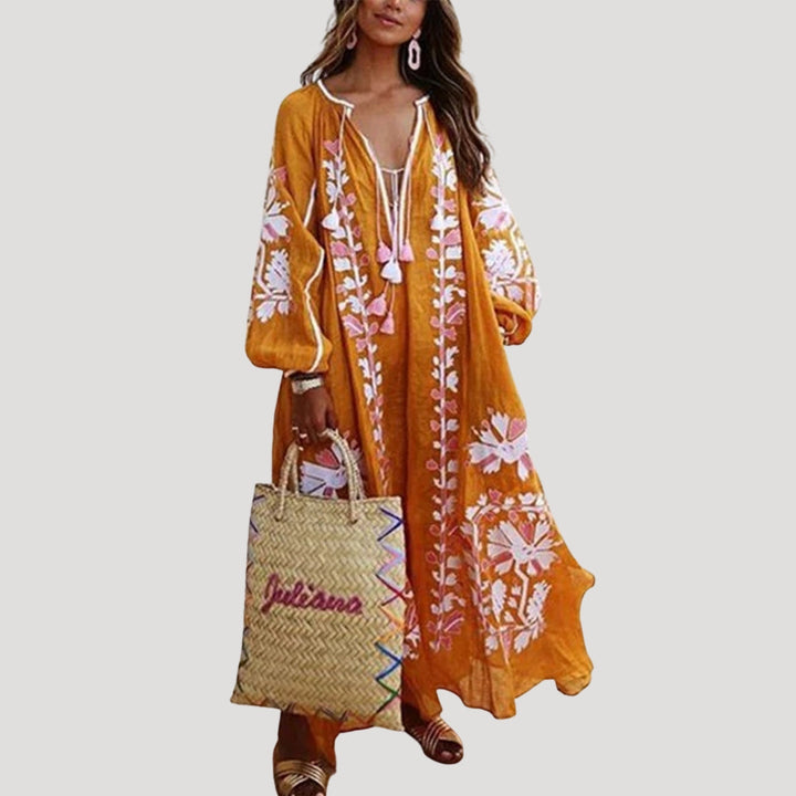 Women's V-neck long sleeve Boho maxi dress, a versatile flowing garment for casual outings, holiday wear, or comfortable summer style.