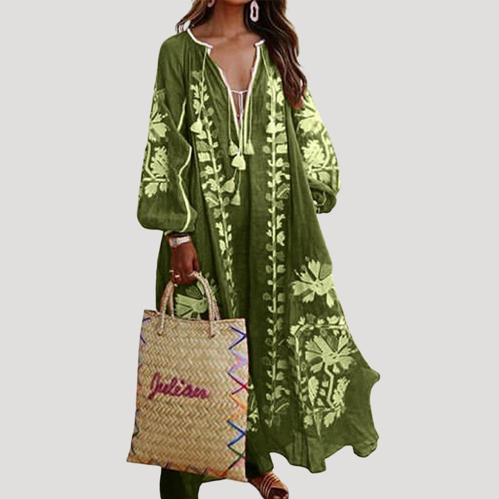 Relaxed women's V-neck Boho maxi dress with long flowing sleeves. Loose fit & breathable for summer days or vacation elegance.