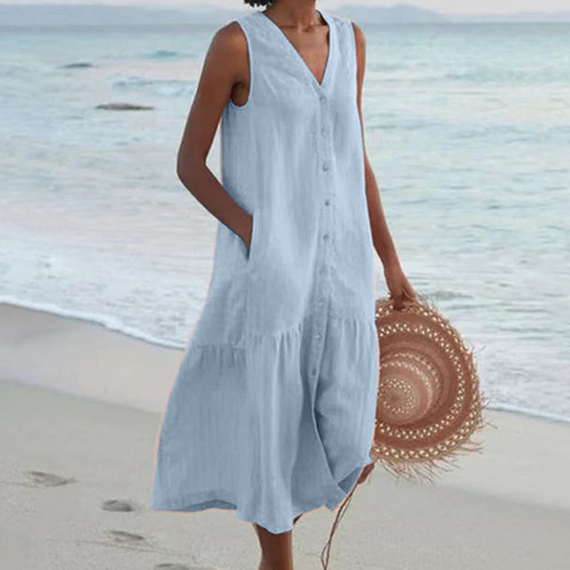 Flowy A-line casual midi dress for women, featuring a flattering V-neck and button front design.