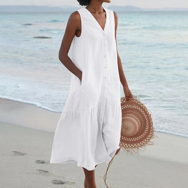 Summer vacation sleeveless midi dress for women, with a chic V-neck, button front & ruffle hem.