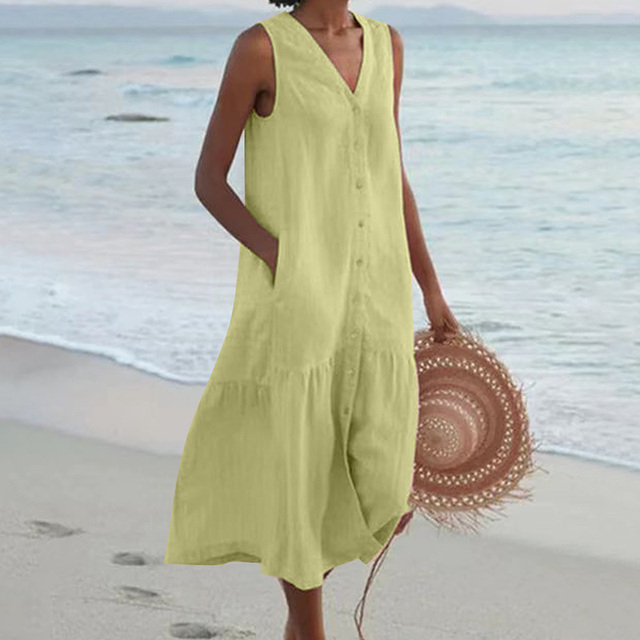 Elegant V-neck casual midi dress with full button front, delicate ruffle hem, and comfortable flowy fit for women.