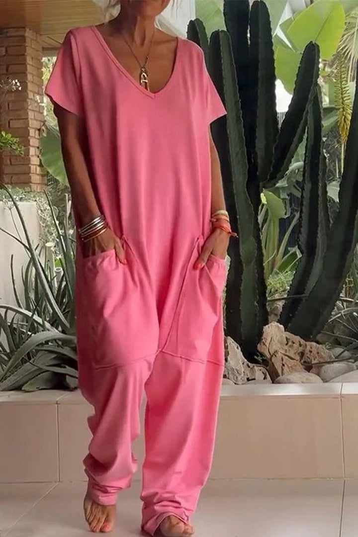 Women's V-neck casual short sleeve jumpsuit. Relaxed fit, comfortable for summer & spring.