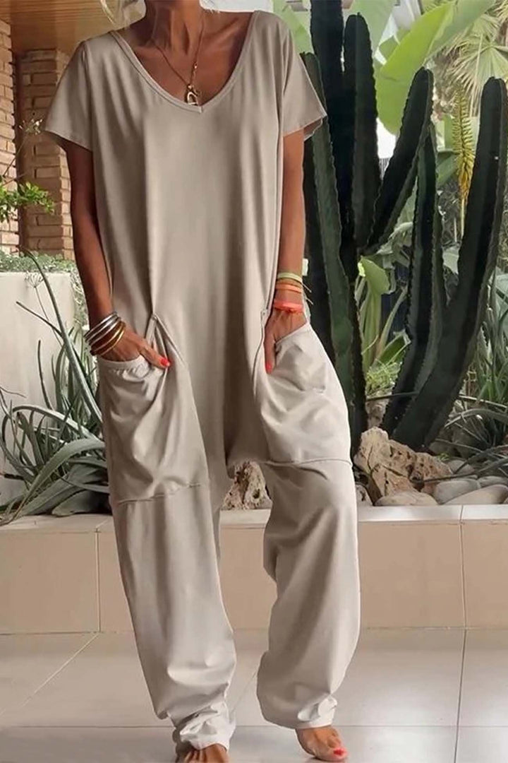 Comfortable women's casual V-neck short sleeve jumpsuit. Perfect loungewear or travel outfit.