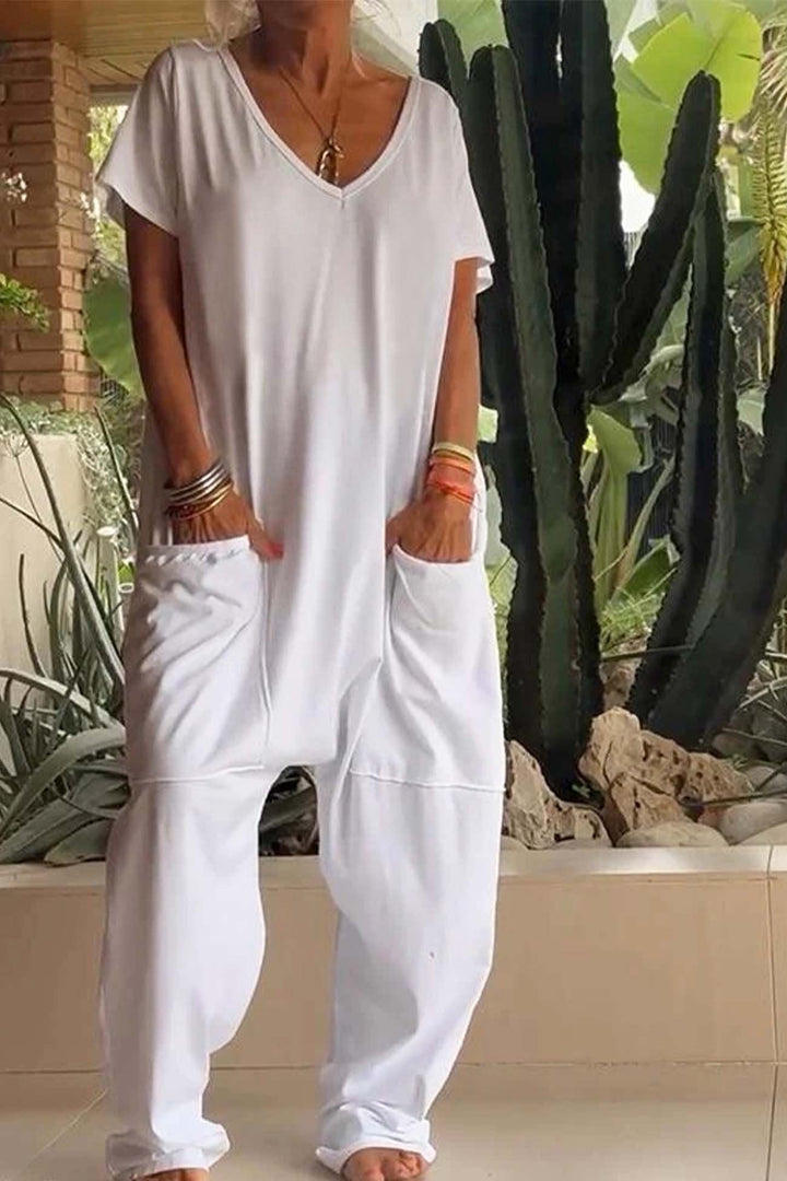 Relaxed fit women's V-neck short sleeve casual jumpsuit. Easy wear for summer, spring, travel.