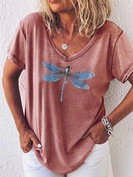 Women's V-neck casual tee with elegant dragonfly print & stylish cuffed short sleeves for spring/summer comfort.