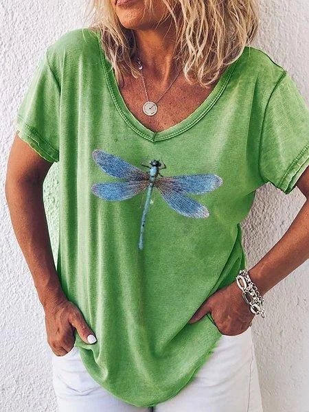 Relaxed fit women's graphic tee, featuring a unique dragonfly print. Perfect V-neck top for everyday casual wear.