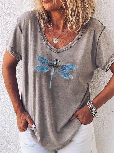 Ladies V-neck short sleeve tee with charming dragonfly print. Ideal versatile top for comfortable spring & summer fashion.