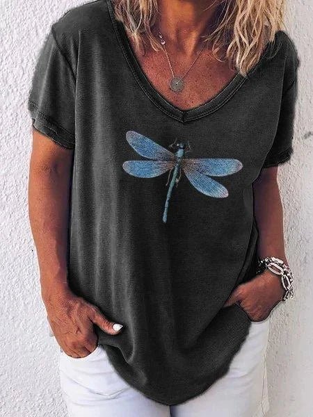 Comfortable women's V-neck tee with a beautiful dragonfly print & cuffed sleeves. A stylish graphic top for casual wear.