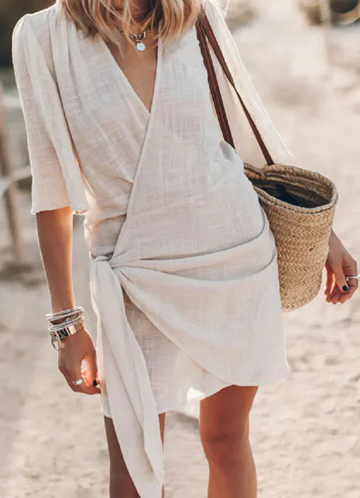 Versatile women's V-neck draped mini dress, perfect for vacation, evening events, or a chic casual style.