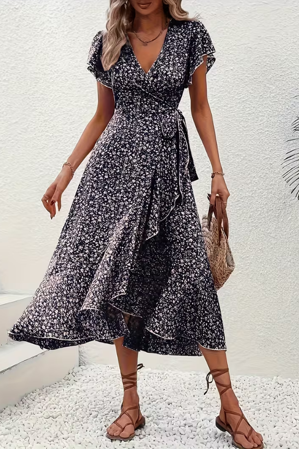 Chic V-neck floral summer dress for women, flattering silhouette, perfect for stylish events.