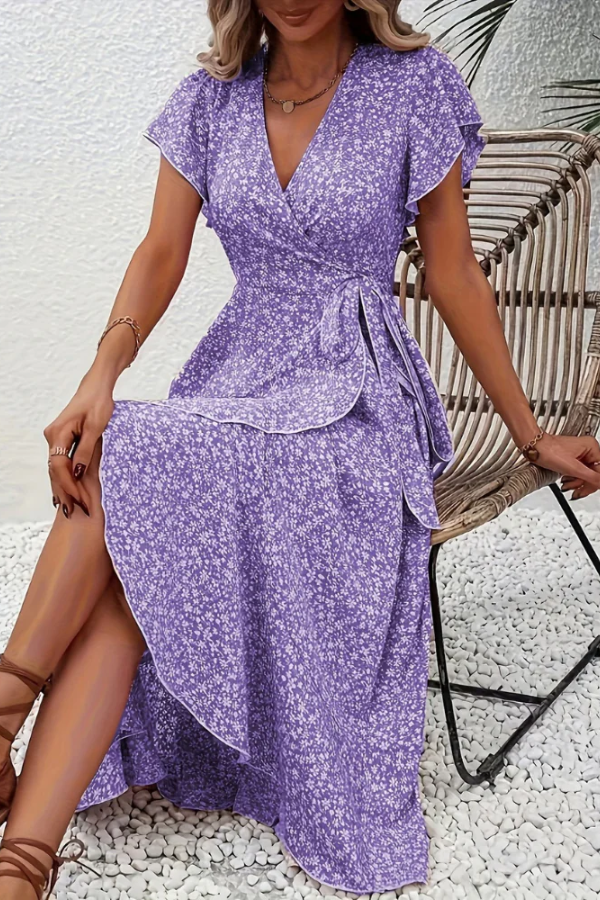 Flattering women's V-neck floral dress, midi length, summer fashion, elegant and comfortable.