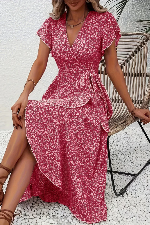 Elegant V-neck floral midi dress, women's fashion, flattering silhouette, timeless appeal.