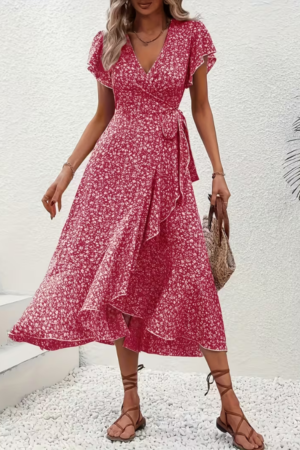 Women's V-neck floral dress, vibrant print, sophisticated design, perfect for elegant outings.