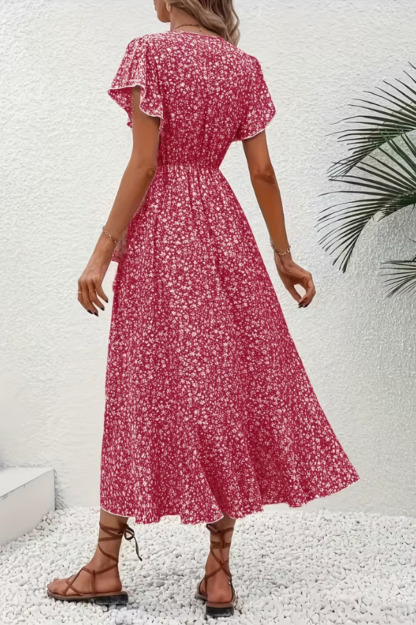 Chic summer V-neck floral dress for women, flattering silhouette, ideal for special occasions.