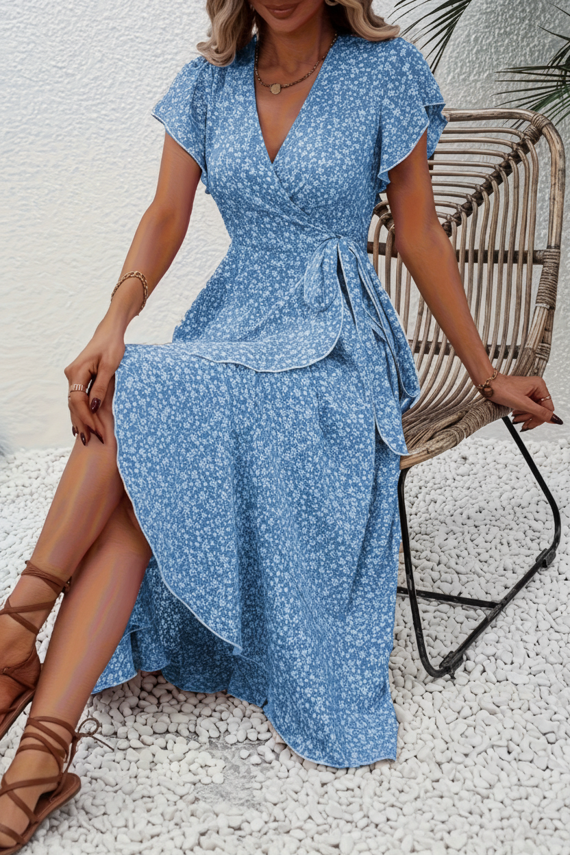 Flattering V-neck floral dress, women's summer fashion, chic and comfortable midi style.