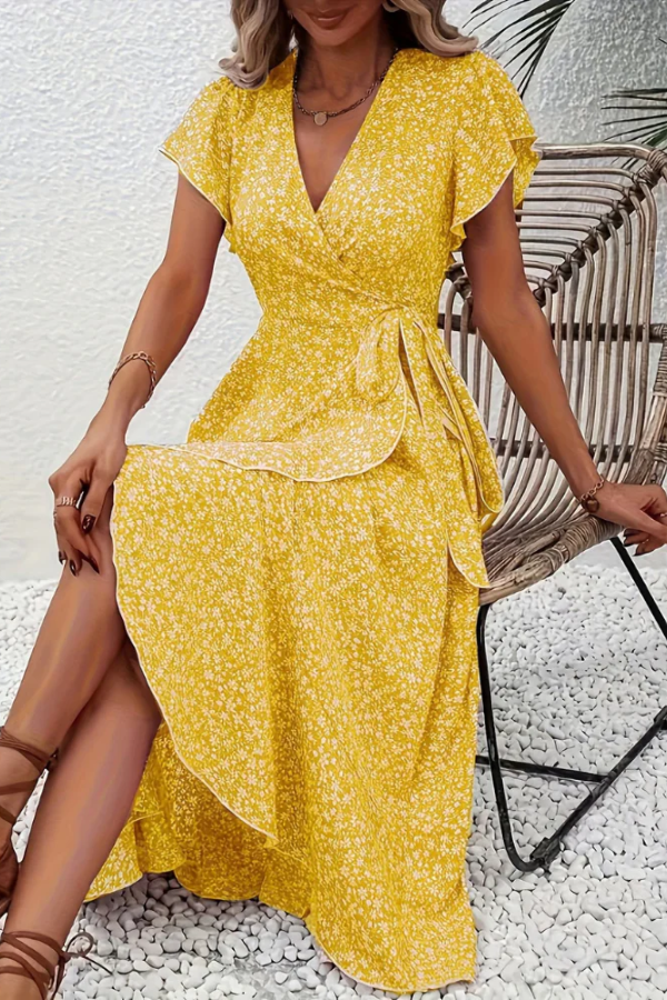 Chic V-neck floral midi dress for women, fitted silhouette, perfect for elegant style.