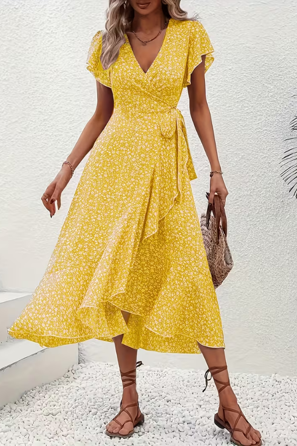 Summer fashion V-neck floral dress, women's elegant occasion wear, flattering design.