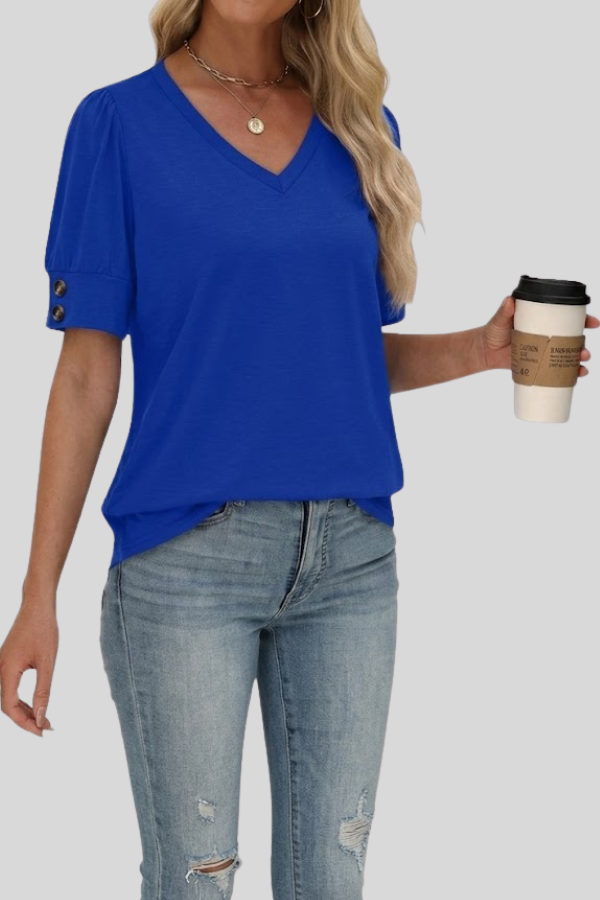Casual women's V-neck top with unique gathered sleeve detail. Comfortable & stylish for summer outings.
