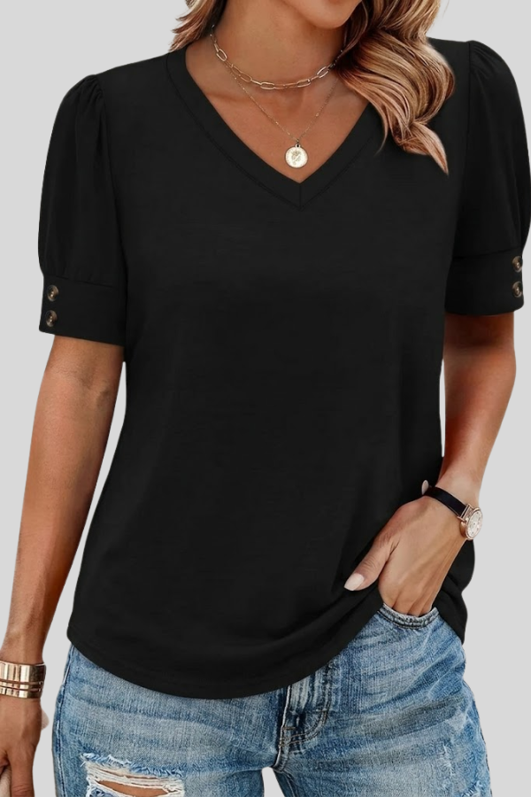 Everyday women's V-neck top with delicate gathered sleeves and button accents. Perfect for a chic look.