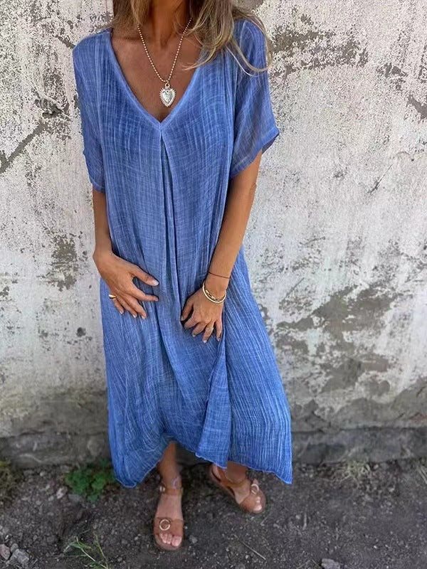 Relaxed fit V-neck kimono midi dress for women, ideal as a comfortable, flowy summer kaftan for daily style.