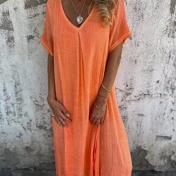 Flowy kimono midi dress for women, with a chic V-neck design, perfect for a relaxed and stylish summer daily outfit.