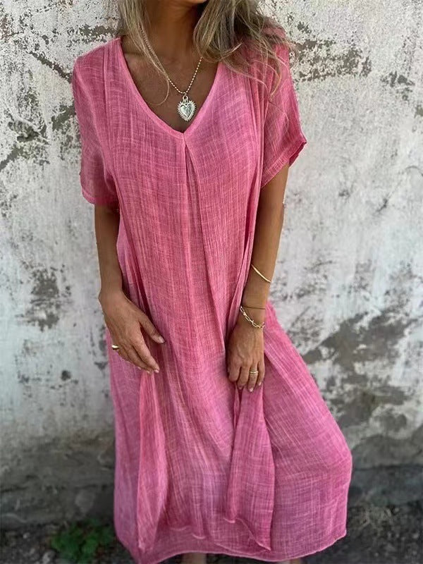 Stylish women's V-neck kimono midi dress, a comfortable and relaxed fit kaftan for versatile summer daily wear.