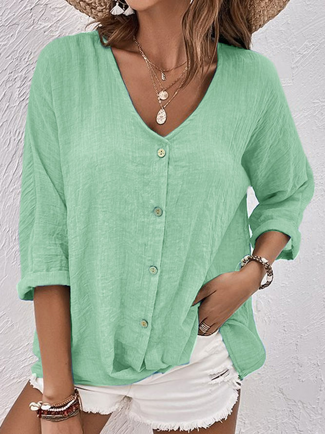 Women's V-neck button-down long sleeve shirt, a must-have comfortable & versatile blouse for your wardrobe.