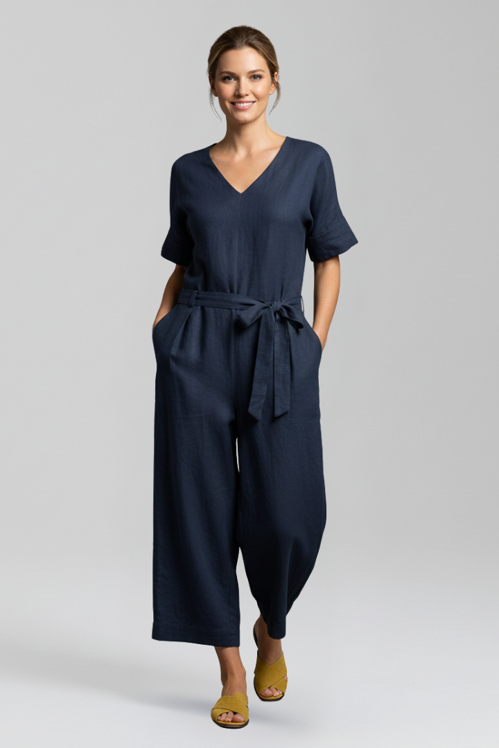 Easy-to-wear women's V-neck long sleeve wide leg jumpsuit. A modern, elegant, and versatile one-piece fashion.