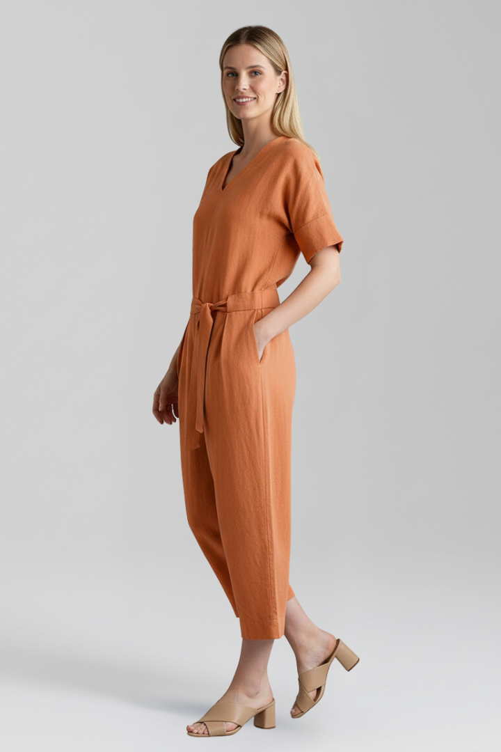 Comfortable women's V-neck wide leg jumpsuit with long sleeves, a versatile piece for modern fashion.
